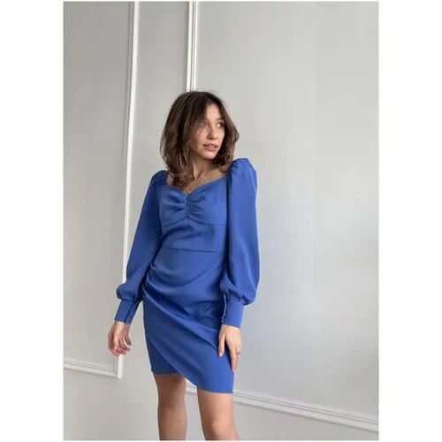 Коктейльное платье с ассиметричным вырезом и длинными рукавами воланами My store, цвет синий, размер 42(S)