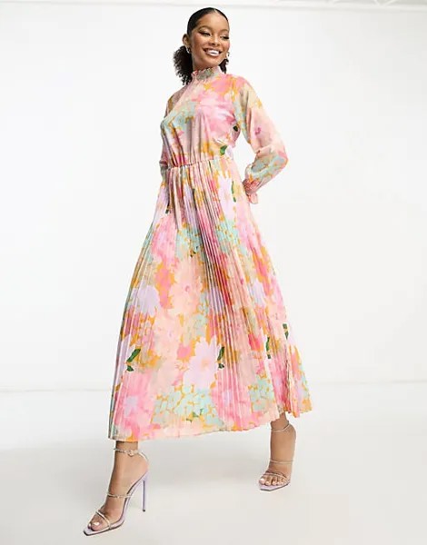 Платье макси Trendyol с высоким воротником и плиссированной юбкой с ярким весенним цветочным принтом