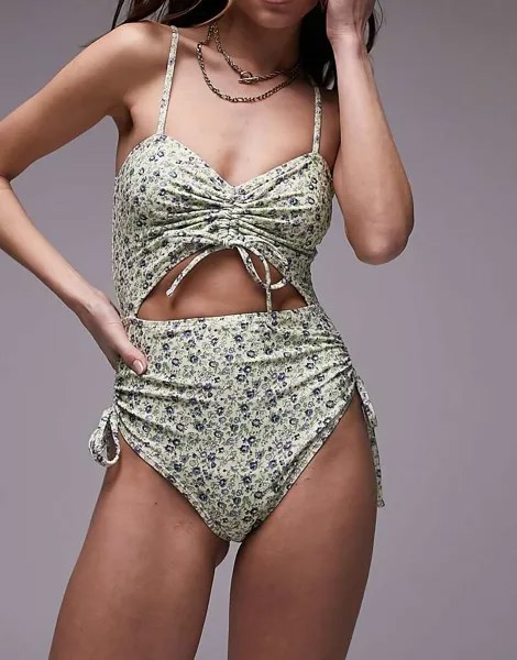 Синий купальник с вырезом Topshop – с цветочным принтом