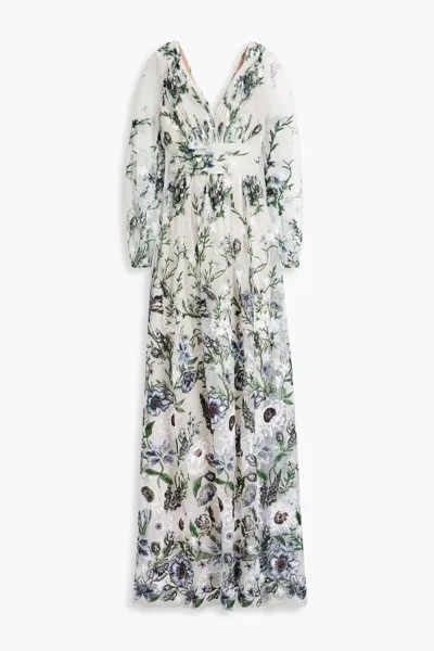 Плиссированное платье из тюля с вышивкой Marchesa Notte, цвет Off-white