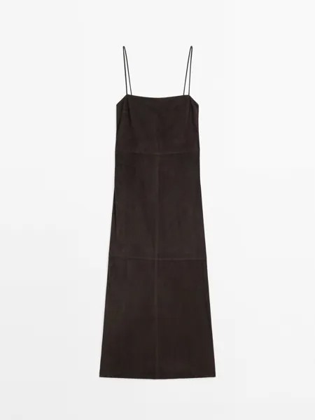 Платье Massimo Dutti Strappy Suede Leather Midi, темно-коричневый