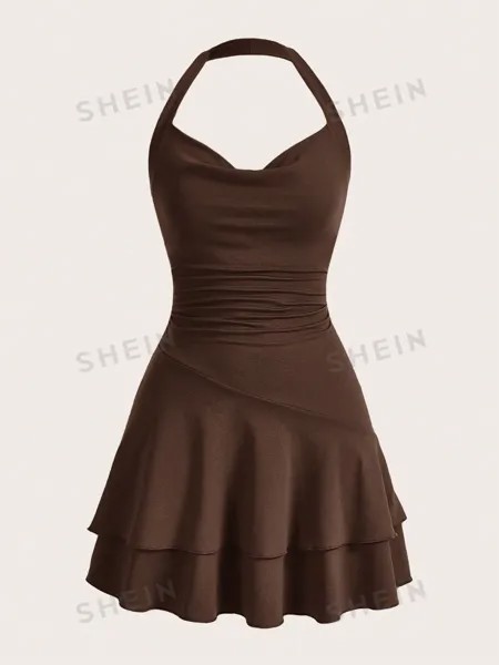 SHEIN MOD однотонное женское платье с бретелькой на шее и многослойным подолом, шоколадно-коричневый