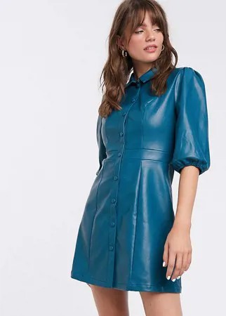 Приталенное платье-рубашка из мягкой искусственной кожи Glamorous-Синий