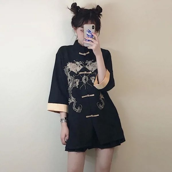 Черная готика Тан Костюм Рубашка Платье для девочек Женщины Китайская традиционная блузка Однобортный дракон Вышивка Куртка Пальто