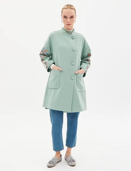 Пальто на пуговицах с цветочной вышивкой Ледяной Зеленый Kayra