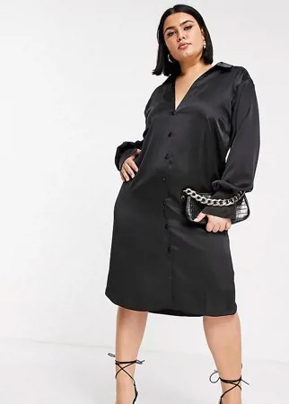 Свободное атласное платье-рубашка миди черного цвета с глубоким вырезом ASOS DESIGN Curve-Черный цвет
