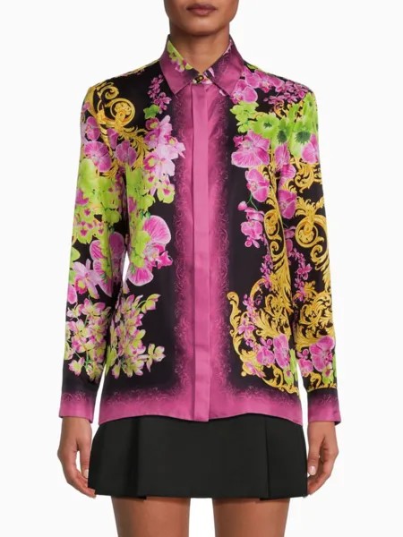 Шелковая блузка с цветочным принтом Versace, цвет Black Pink