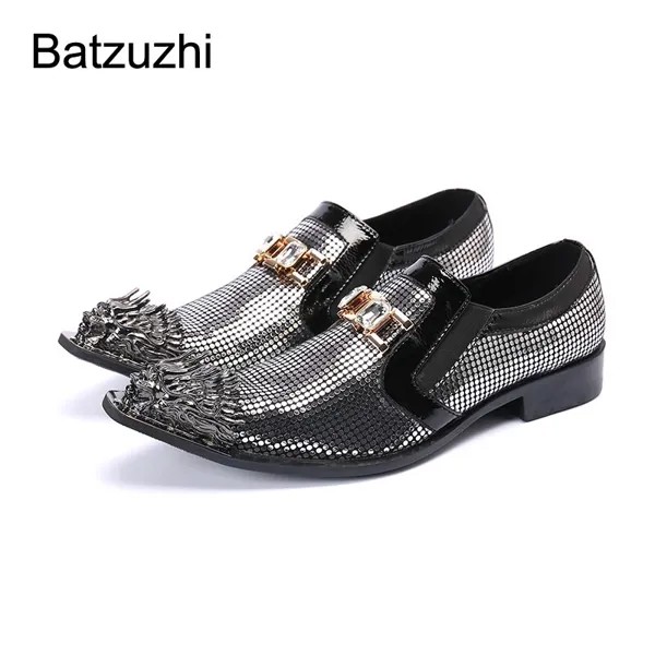 Batzuzhi Роскошные ручной работы Мужская обувь остроконечный металлический носок, без шнуровки, из натуральной кожи, черного цвета Туфли под пл...