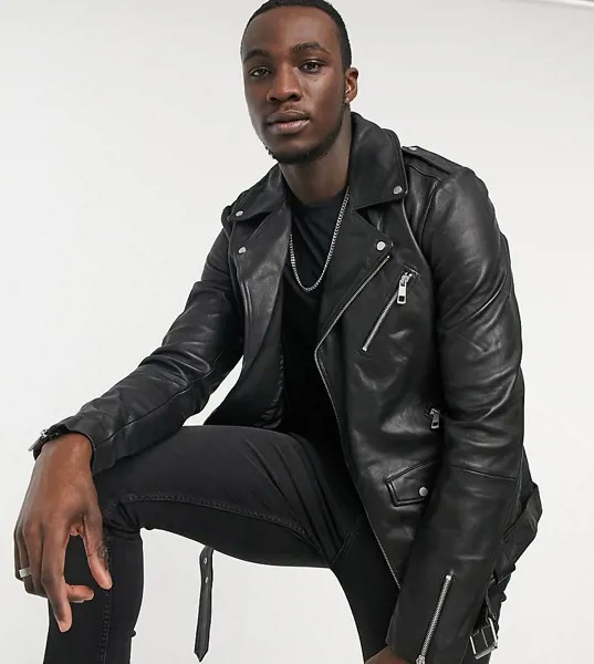 Кожаная байкерская куртка черного цвета с молниями ASOS DESIGN Tall-Черный цвет
