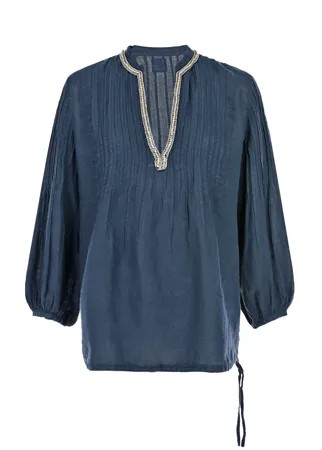 Темно-синяя льняная блуза с V-образным вырезом 120% Lino