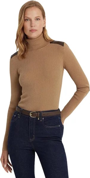 Свитер Petite Faux Leather Trim Ribbed Turtleneck LAUREN Ralph Lauren, цвет Classic Camel