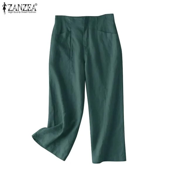 ZANZEA Женщины Повседневные хлопковые брюки Однотонные эластичные талии Свободные гаремные брюки