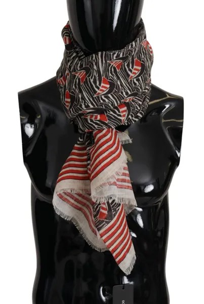 DOLCE - GABBANA Шарф Черно-красный льняной платок в полоску с принтом парусника 65см X 180см