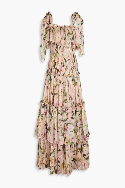 Шелковое платье макси с оборками и сборками с цветочным принтом Dolce & Gabbana, розовый