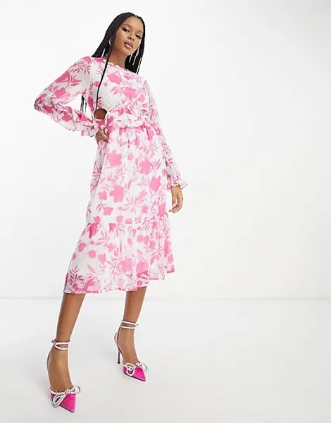 Шифоновое платье миди с бело-розовым цветочным принтом In The Style