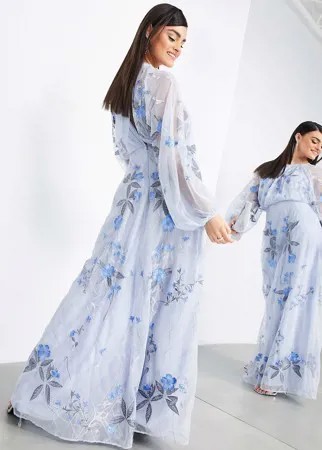 Бледно-голубое сетчатое платье макси с вышивкой цветов и листьев ASOS EDITION-Голубой