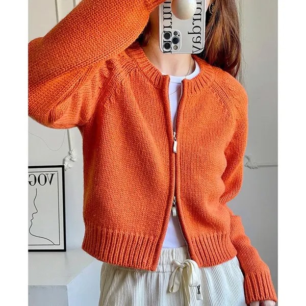 Модный корейский шерстяной свитер, кардиганы, женские трикотажные укороченные топы, однотонная оранжевая белая Джерси с длинным рукавом, Осень-зима, японская женская одежда