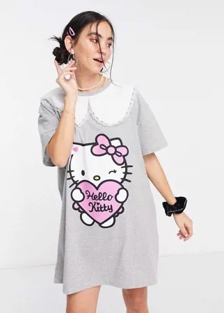 Платье-футболка в стиле oversized с контрастным винтажным воротником New Girl Order x Hello Kitty-Серый
