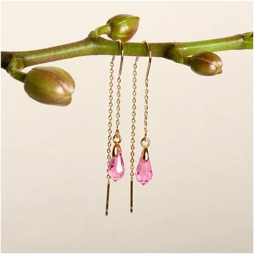 Серьги цепочки , кристаллы Swarovski, кристалл, розовый, золотой