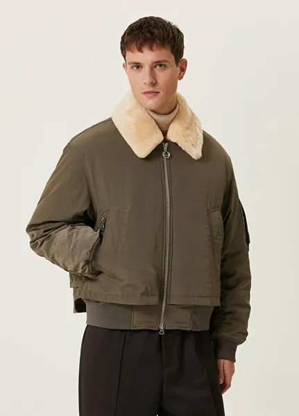 Детальное пальто из овчины цвета хаки с воротником Solid Homme