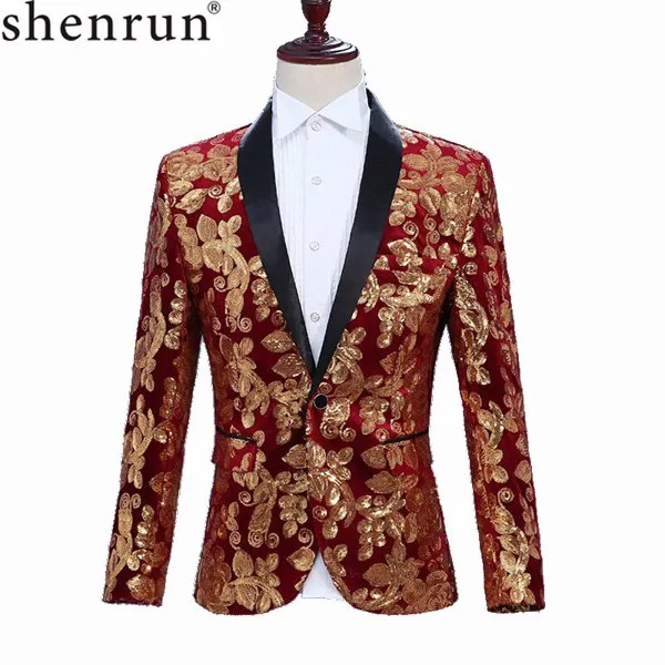 SHENRUN Мужская мода шаль с лацканами красное вино бархат золотые цветы блёстки Блейзер плюс размер 5XL сценическая одежда для певцов костюм куртка