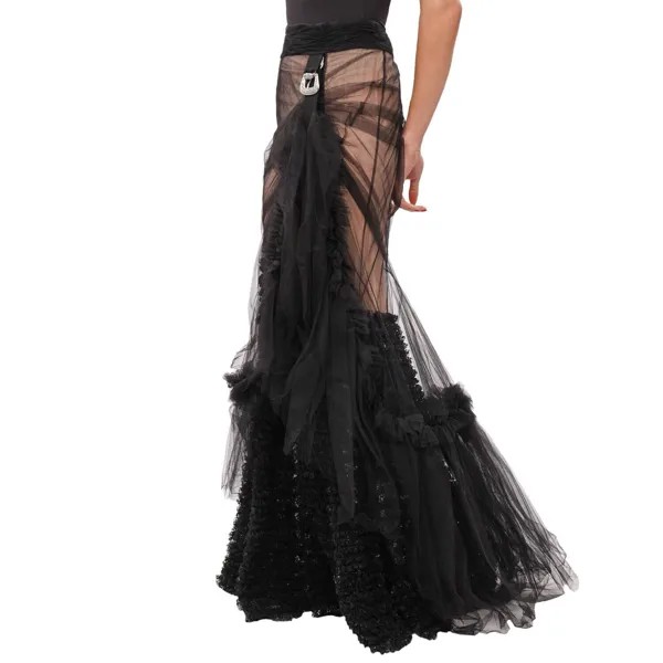 DSQUARED2 Длинная юбка макси из кружевного тюля в стиле барокко, черный, бежевый, 44, США, 8 месяцев 12487