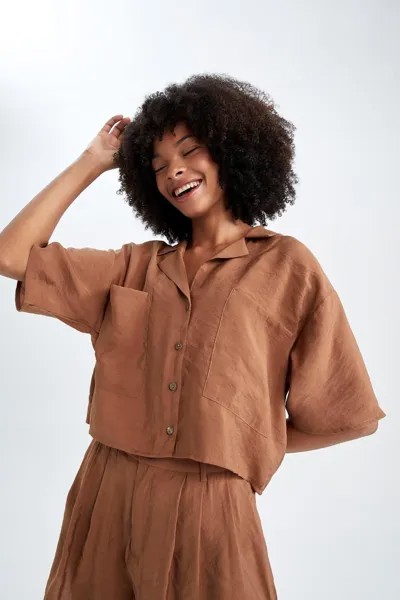 Рубашка с коротким рукавом и пижамным воротником Relax Fit DeFacto, коричневый