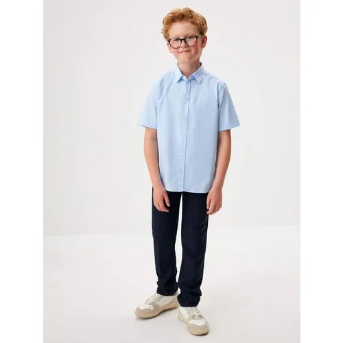 Школьная рубашка Sela, прямой силуэт, на пуговицах, короткий рукав, однотонная, размер 128, голубой
