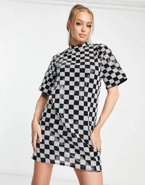 Черно-белое мини-платье в шахматную клетку с пайетками Vero Moda