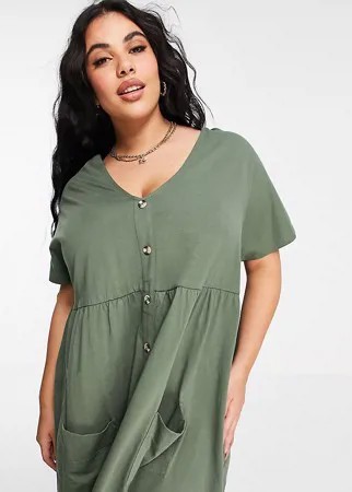 Платье мини цвета хаки на пуговицах с присборенной юбкой и карманами ASOS DESIGN Curve-Зеленый цвет