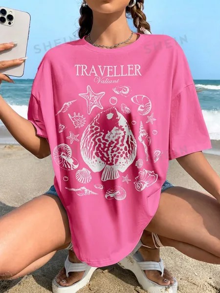 Футболка женская Shein Ezwear с круглым вырезом и короткими рукавами, розовый