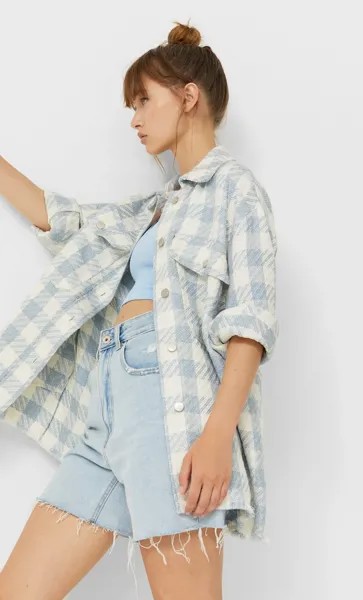 Stradivarius Куртка-Рубашка В Клетку С Необработанной Кромкой Небесно-Голубой Xs