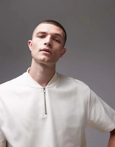 Topman – рубашка-поло оверсайз цвета экрю с молнией на шее