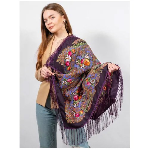 Платок Легендарные Пуховые Платки, с бахромой, 90х90 см, фиолетовый