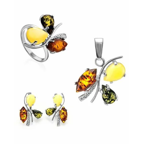 Комплект бижутерии AmberHandmade: кольцо, серьги, подвеска, янтарь, коричневый, бежевый
