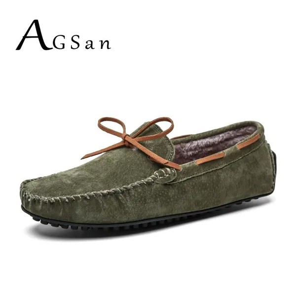 Лоферы мужские AGSan, зимние, натуральная кожа, плюшевая подкладка, классические мокасины с мехом, большой размер 48 49, зеленые кожаные туфли на ...