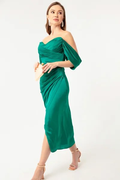 Женское изумрудно-зеленое вечернее платье миди с вырезом лодочкой и драпировкой Lafaba, зеленый