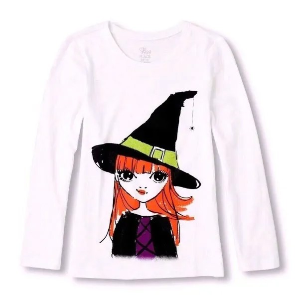 THE CHILDREN-#39;S PLACE WITCH BLACK HAT GIRLS ФУТБОЛКА ТОП 4 XS S 5/6 HALLOWEEN