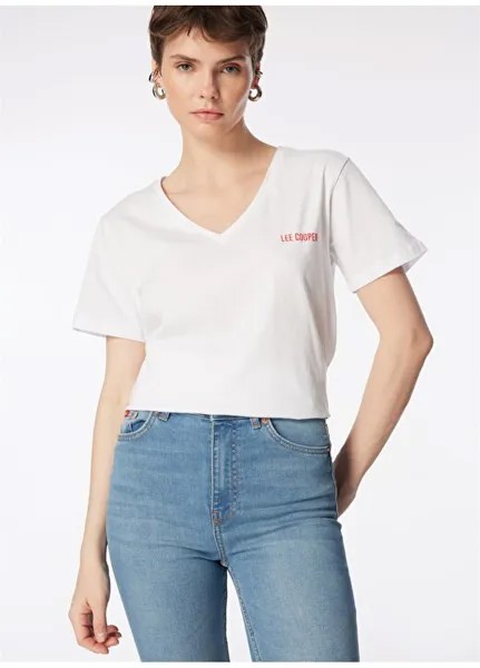 Однотонная белая женская футболка с V-образным вырезом 242 LCF 242018 LOLES WHITE Lee Cooper, белый
