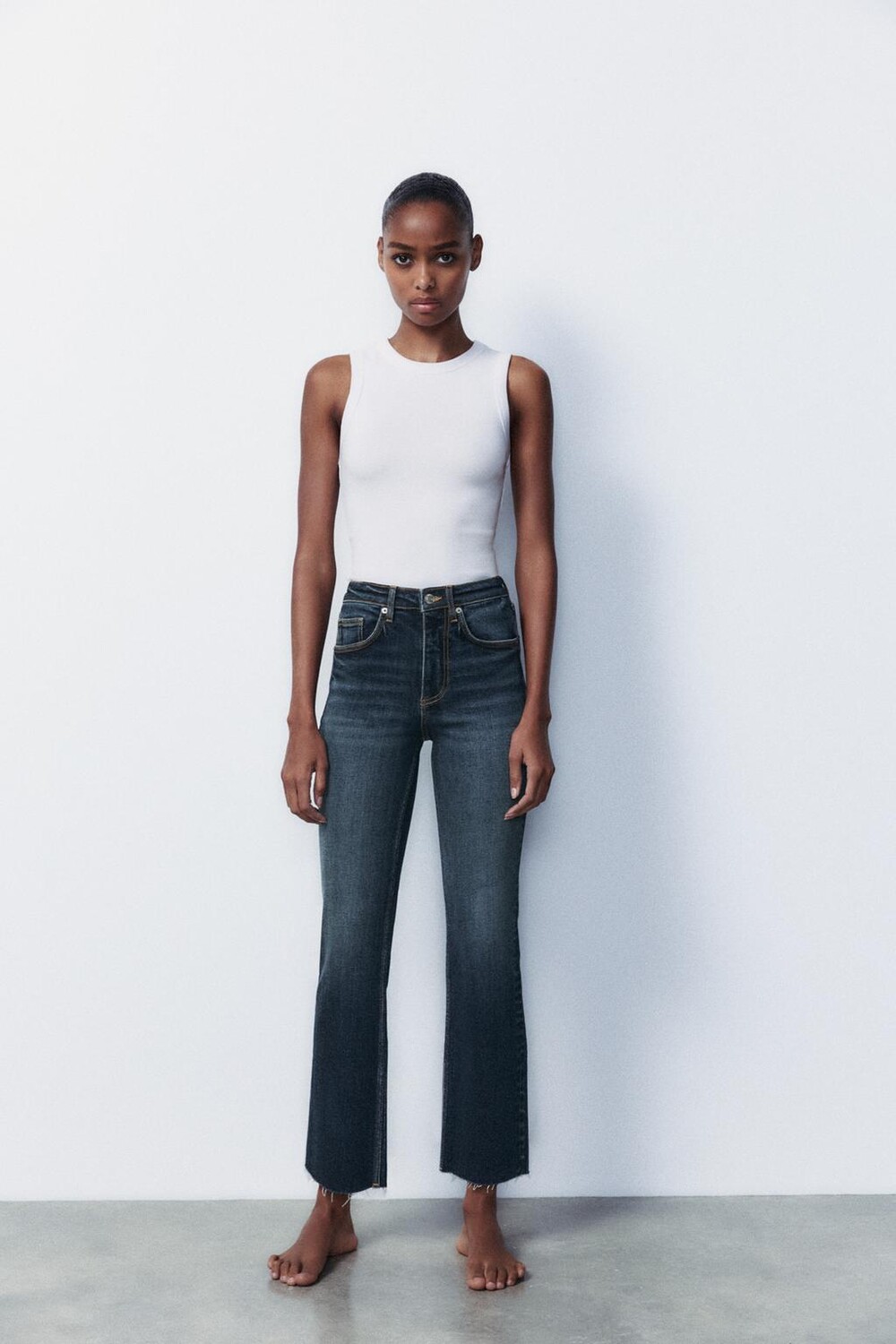 Укороченные джинсы trf с высокой талией ZARA, темно-синий