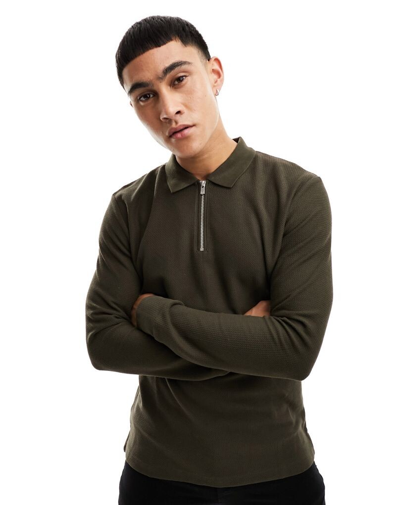 Коричневая трикотажная рубашка-поло Jack & Jones Premium с короткими рукавами и короткой молнией