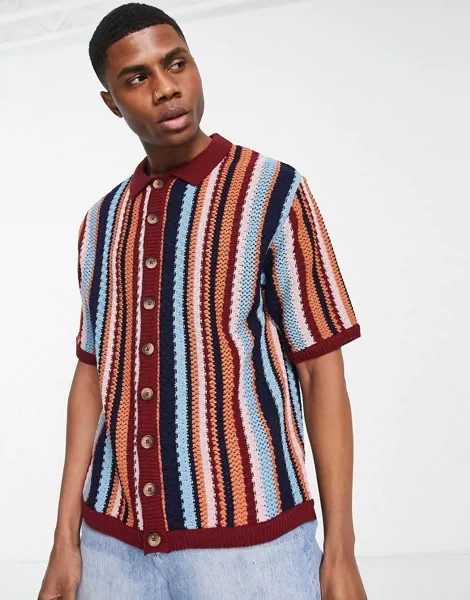 Вязаное фактурное поло в разноцветную полоску на пуговицах Topman-Разноцветный