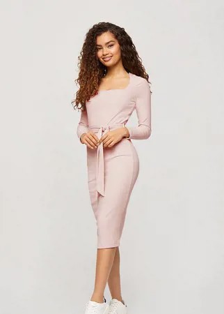 Светло-розовое платье миди в рубчик с завязывающимся поясом Miss Selfridge Petite-Розовый цвет