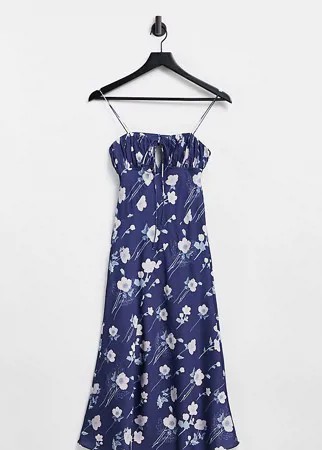 Атласное платье-комбинация миди косого кроя со сборками на лифе и цветочным принтом ASOS DESIGN Petite-Многоцветный