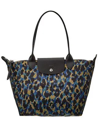 Longchamp Le Pliage Средняя женская сумка-тоут из нейлона и кожи с длинной ручкой, синяя