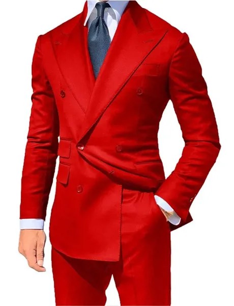 Классический стиль, двубортные красные смокинги для жениха, пиковые лацканы, мужские блейзеры, костюмы (куртка + брюки)