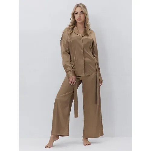 Комплект , рубашка, брюки, длинный рукав, пояс на резинке, пояс, размер XL(48-50), коричневый
