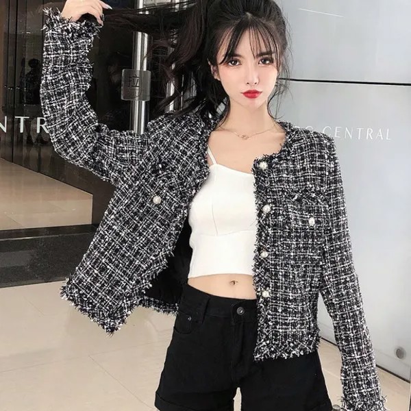 Женская твидовая куртка Nice Pop, короткая Элегантная куртка в Корейском стиле, с мелким запахом, в стиле пэчворк, осень