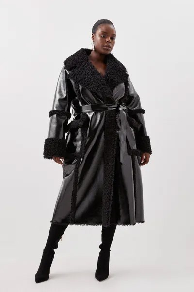 Виниловое длинное пальто с контрастными манжетами и воротником больших размеров, длинное пальто с поясом Karen Millen, черный