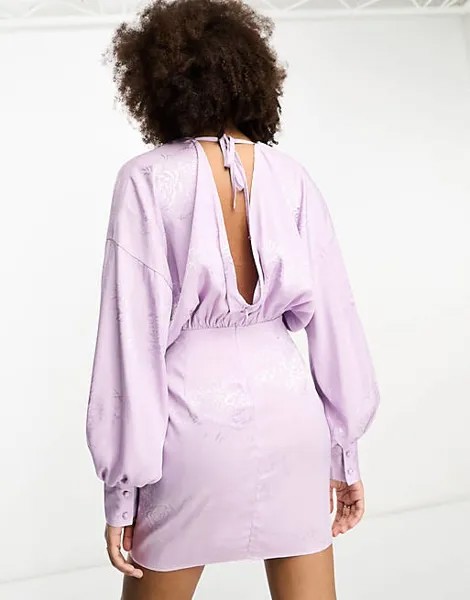 Сиреневое жаккардовое мини-платье с открытой спиной In The Style